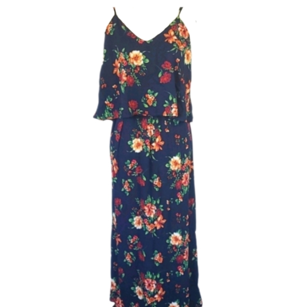 NEW Womens Sundress Navy Blue Floral Camisole Strap Tiered Flowy Dress, Size M
